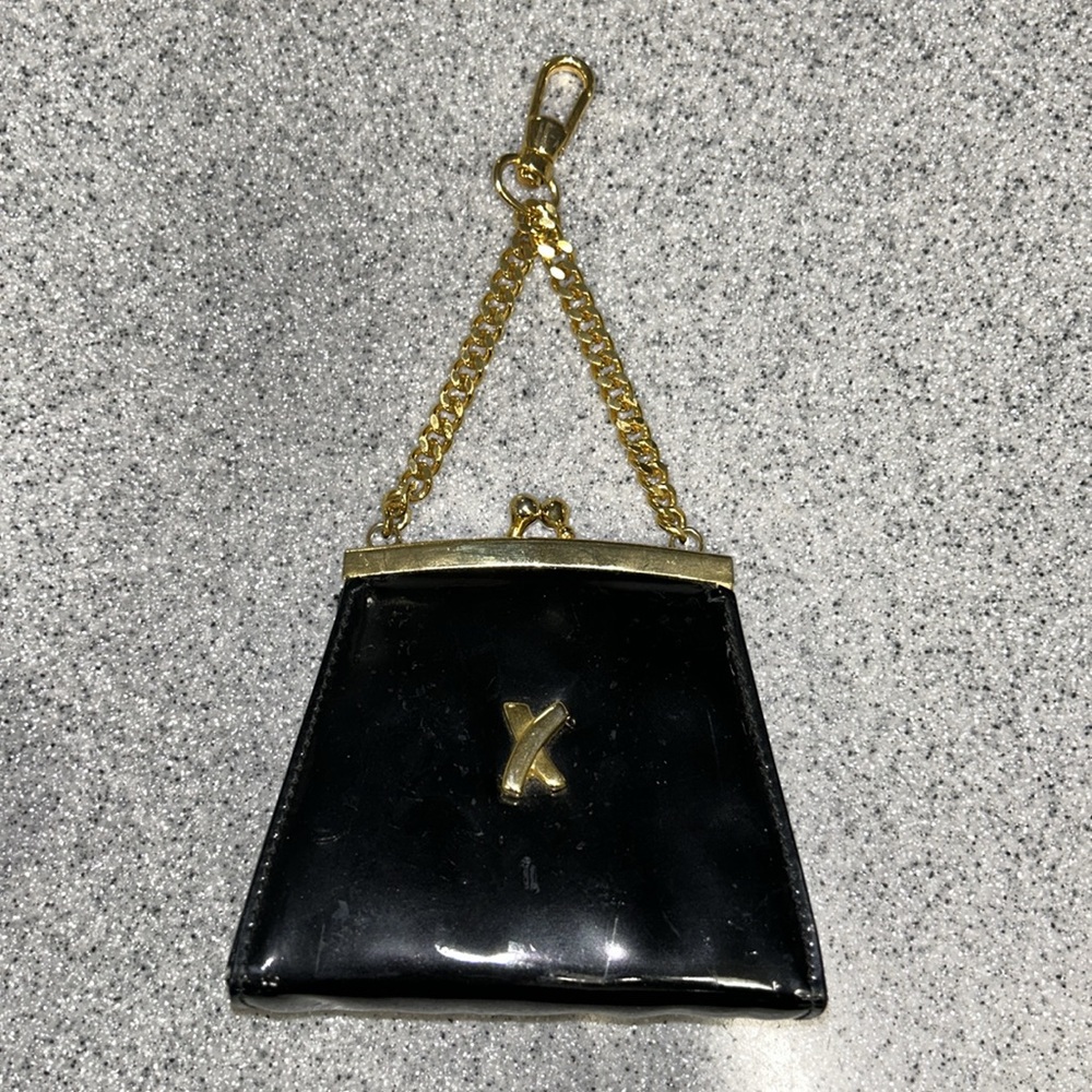 RARE PALOMA PICASSO Black patent mini bag clip on accessory keys lipstick, cards